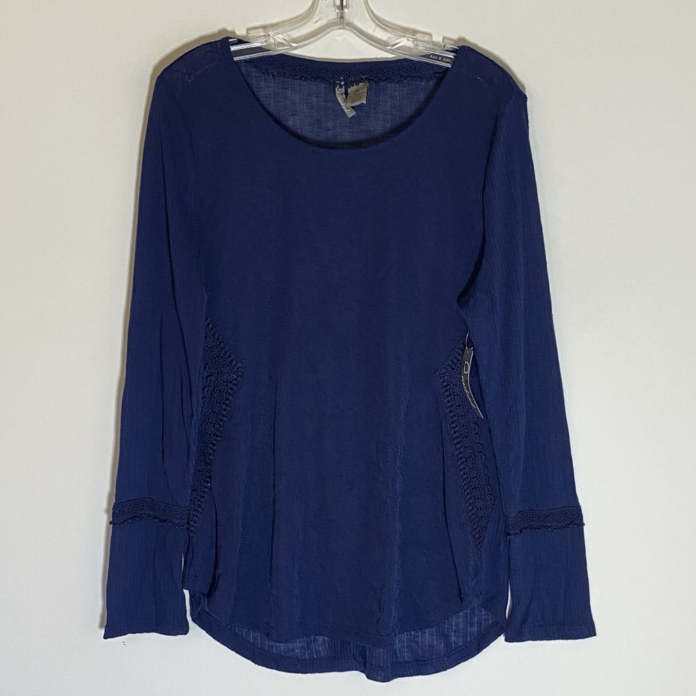 New Directions Sweater Womens XL Blue Navy Lightweight Lace Trim Long Sleeve NEW